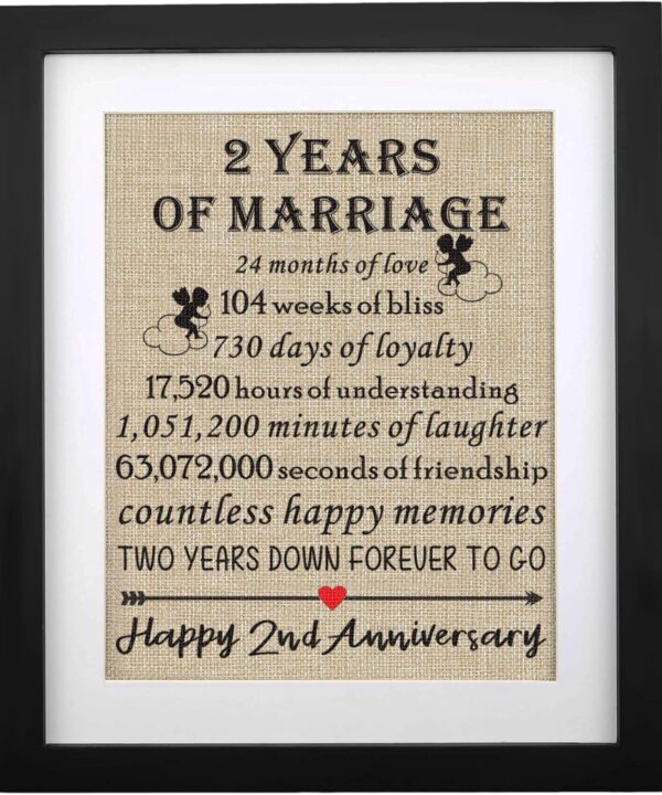 Framed 2nd Anniversary Burlap Print Gifts for 2nd Wedding Anniversary Keepsake Gift for Husband Wife Cotton Anniversary 2 Years of Marriage Couples Gift for 2nd Anniversary (Frame - 2nd)