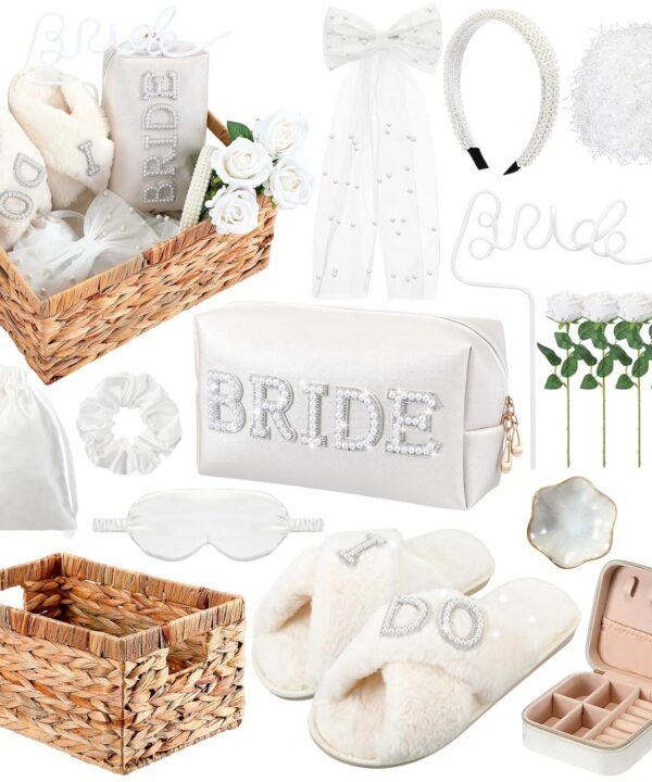 Kacctyen 16 Pcs Bride Gift Basket Ideas Bridal Shower Gifts Boxes Include Wicker Basket Bride Makeup Bag Slippers Pearl Headband Jewelry Box Hair Bow Veil and More for Bridal Stuff Engagement Gifts