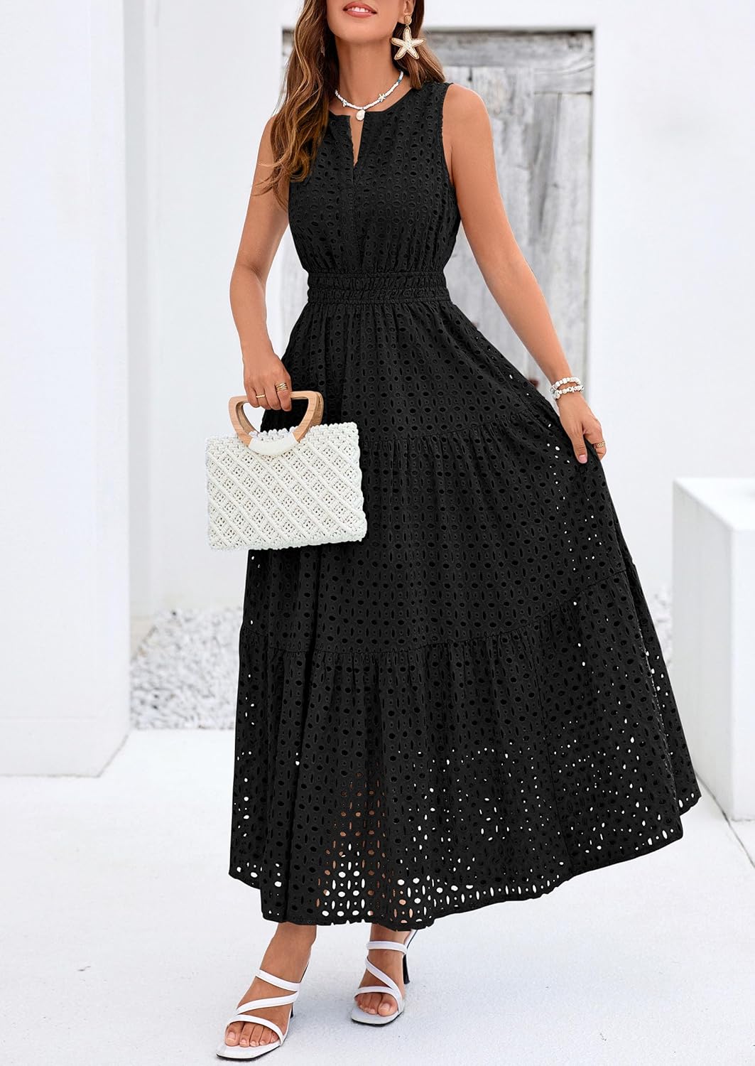 PRETTYGARDEN Summer Dresses for Women 2026 Sundresses Sleeveless V Neck Eyelet A Line Flowy Beach Vacation Spring Maxi Dress