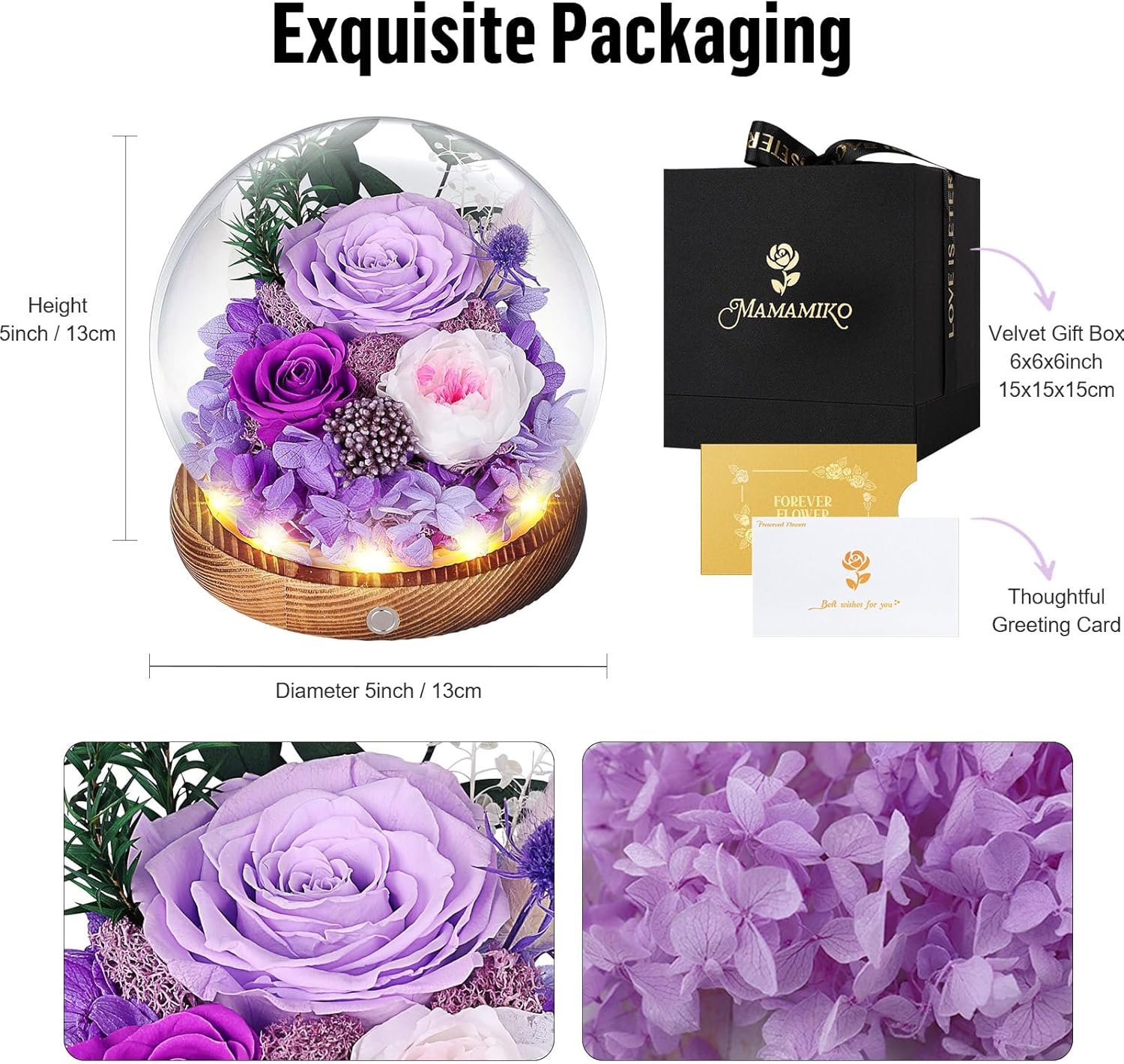 MAMAMIKO Preserved Roses in Glass Dome with LED Light – Long Lasting Real Roses, Forever Flowers for Delivery, Mothers Gifts for Her, Mom, Wife Anniversary Birthday Gifts for Women, Purple