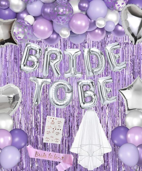 Lavender Bachelorette Party Decorations Set- Purple Bridal Shower Decorations Engagement Wedding Party Decor with Bride To Be Sash, Veil, Temporary Tattoos, Confetti Balloons Pack and Fringe Curtain