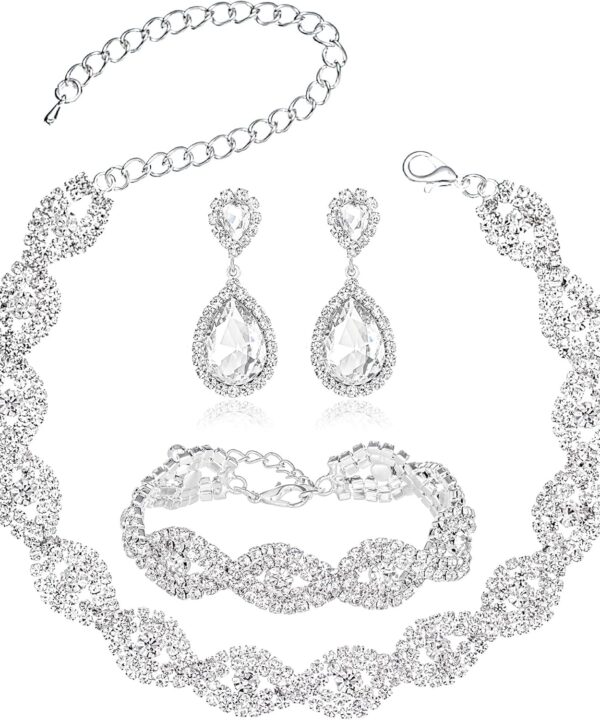 3/4 Pieces Women Jewelry Set Artificial Rhinestone Crystal Bride Statement Choker Necklace Tiara Crown Link Bangle Bracelet Teardrop Dangle Earrings Set