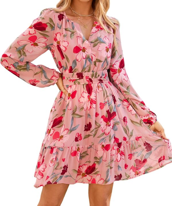 Simplee Womens Fall Floral Mini Dress 2025 Long Sleeve Boho Chiffon Short Dress Casual Flowy Wedding Guest Dresses 2025