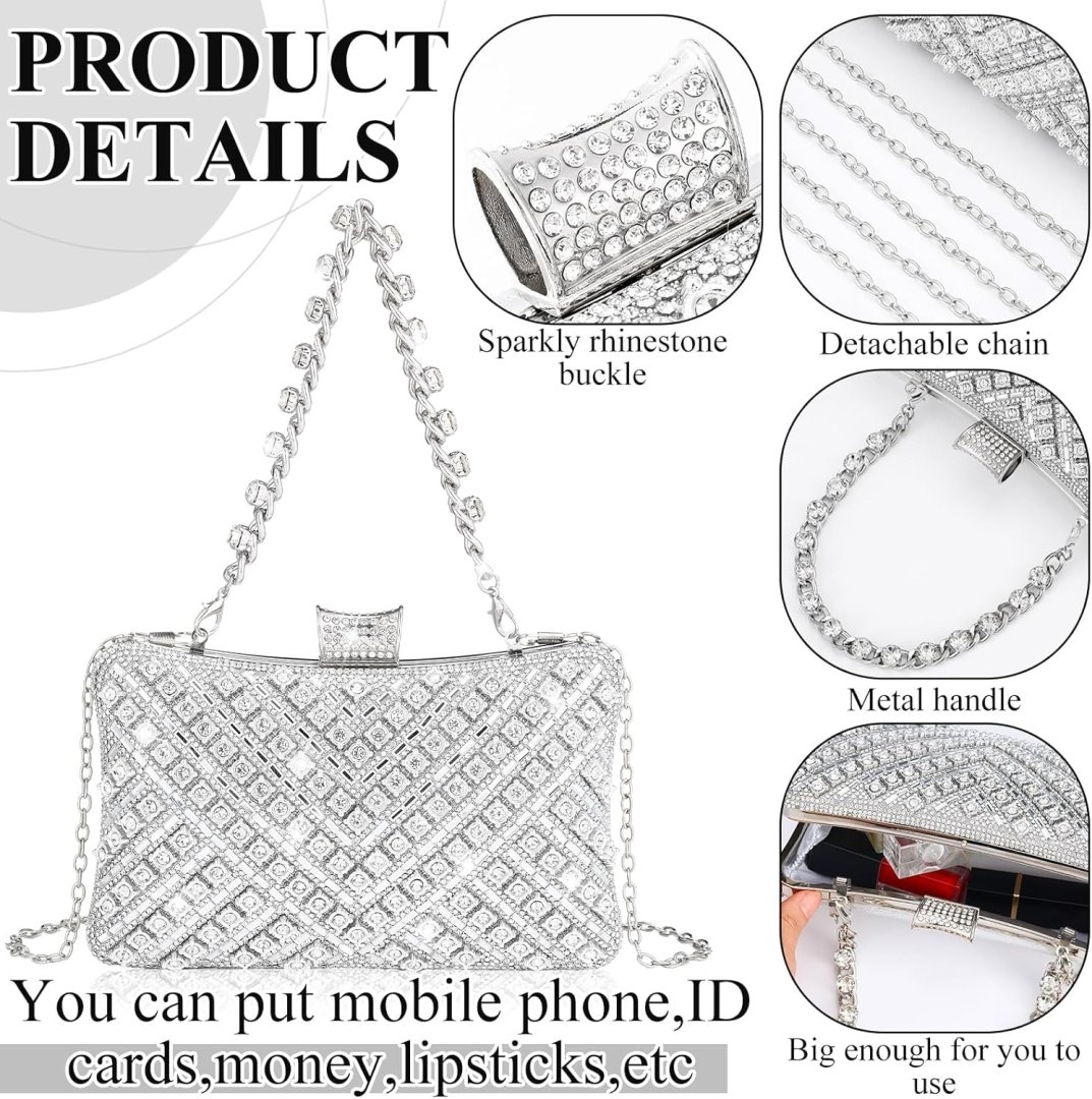 Quelay 4 Pcs Purse Rhinestone Jewelry Set for Wedding Bridal Women Handbag with Necklace Bracelet Dangle Earrings