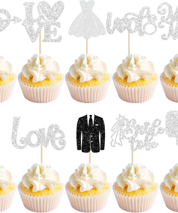 Ephlyn 30Pcs Bride to be Cupcake Toppers Glitter Diamond Ring Love I Do Cupcake Picks for Miss to Mrs Bridal Shower Wedding Engagement Bachelorette Cupcake Decorations Party Supplies Silver