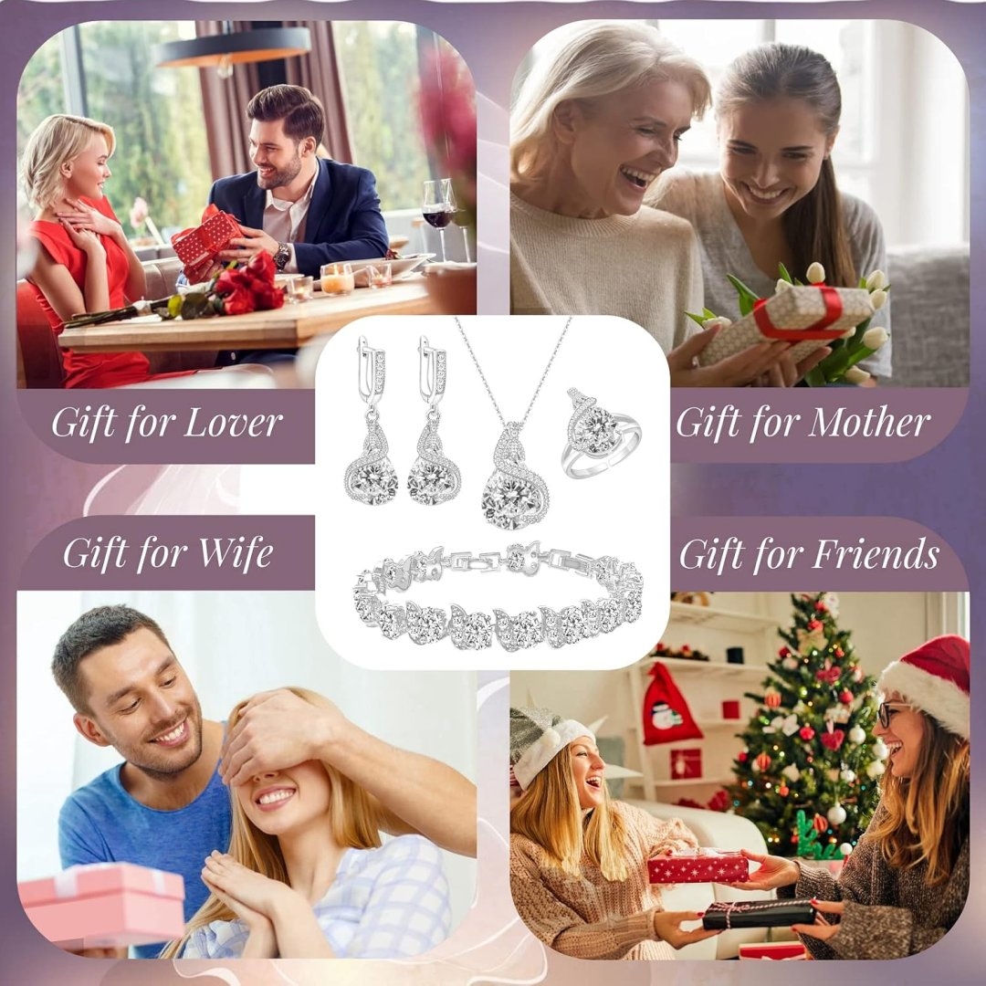 GZWHD Jewelry Set for Women Water Drop Cubic Zirconia Artificial Crystal Earrings Pendant Necklace Open Ring Tennis Bracelet Wedding Anniversary Birthday Engagement Gift for Bridesmaid Wife Girlfriend Friend