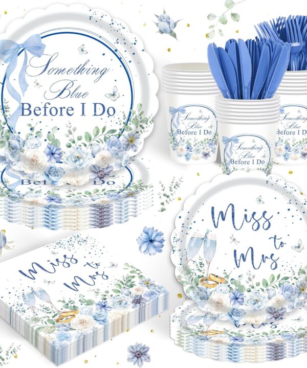 120PCS Something Blue Before I Do Decorations for Wedding Blue Floral Bridal Shower Party Supplies Bachelorette Tableware Set Miss to Mrs Plates Napkins Cups Forks Knives for 20 Guests