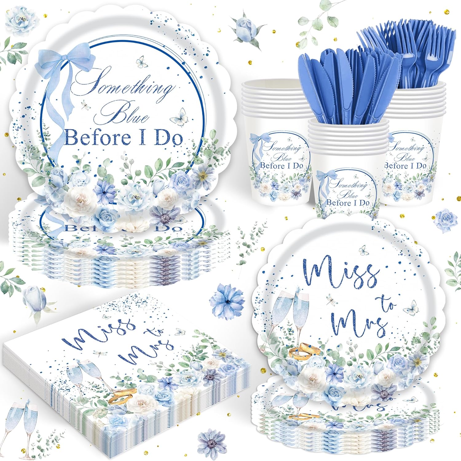 120PCS Something Blue Before I Do Decorations for Wedding Blue Floral Bridal Shower Party Supplies Bachelorette Tableware Set Miss to Mrs Plates Napkins Cups Forks Knives for 20 Guests