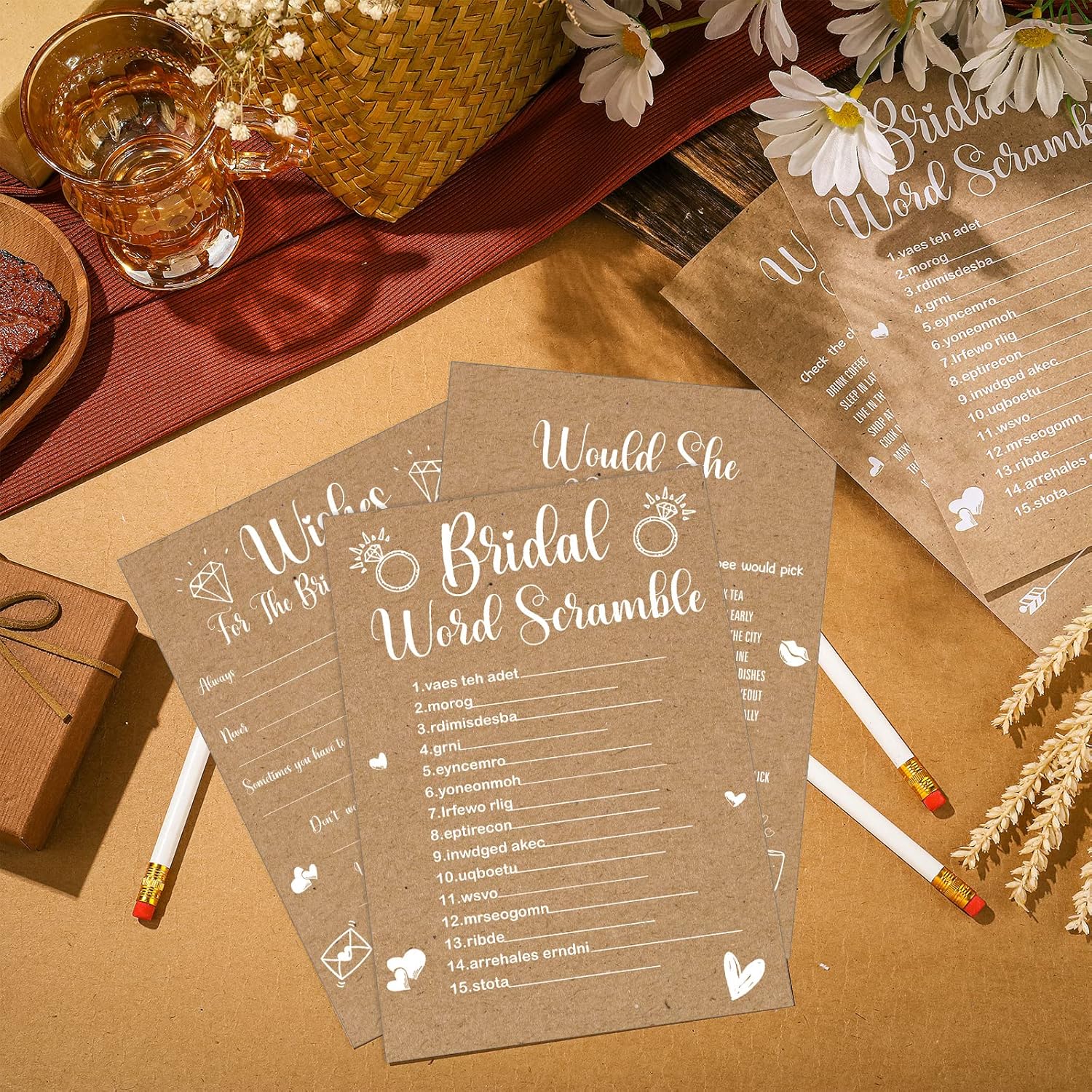 Funtery 145 Pcs Rustic Kraft Bridal Shower Games 5 Fun Wedding Party Games Activities Set Include 125 Wedding Shower Cards 20 Pencils Bride Groom Bachelorette Party Favor Supplies, for 25 Guests