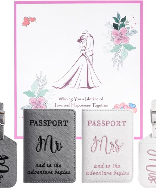 Mr and Mrs Luggage Tags & Passport Holders Set, Bridal Shower Gifts for Bride - Honeymoon Travel Essentials, Wedding Gifts for Couples 2025, Vacation Must Haves