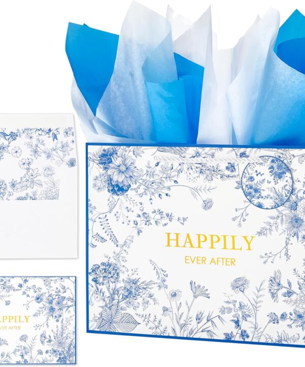 Crisky 13" Large Wedding Gift Bag, Bridal Shower Gift Bag with Greeting Card Tissue Paper Envelopes (Happily Ever After) for Bride, Women, Friends Engagement Party