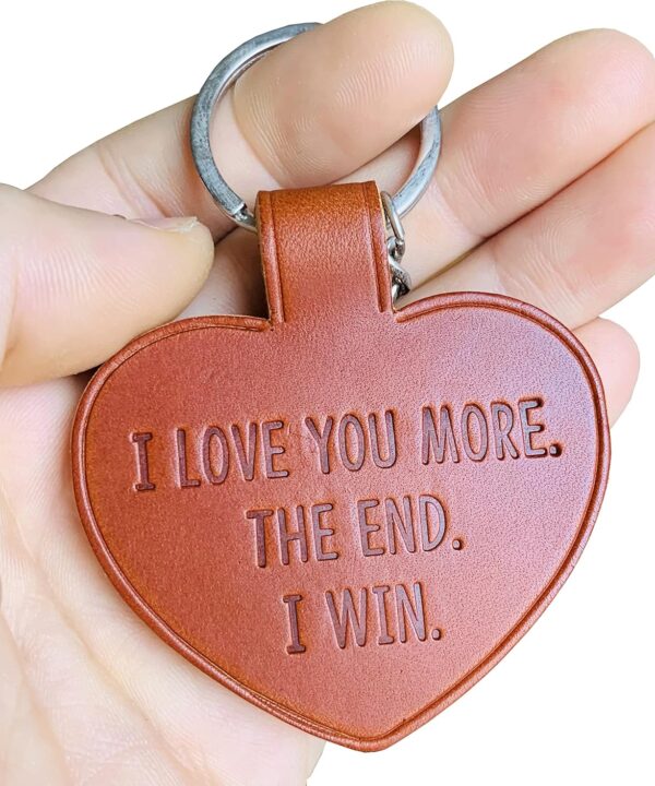 HMza Handmade I Love You More The End I Win Funny Heart Leather Keychain Gift for Him Her Girlfriend Boyfriend Husband Wife Couple Key Ring for Valentine, Christmas, Anniversary