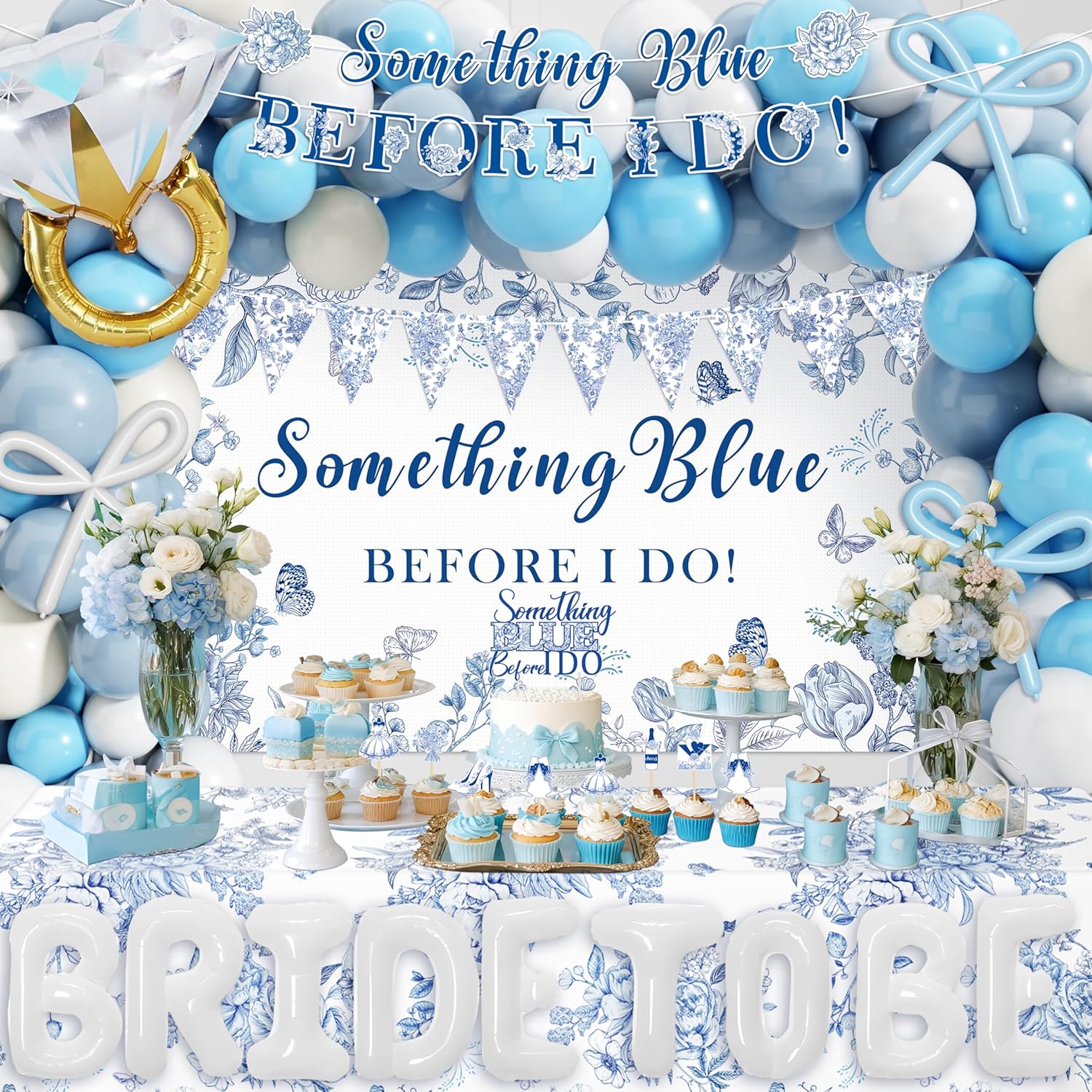 Something Blue Before I Do Bridal Shower Decorations,127 PCS Blue Bachelorette Party Decorations with Coquette Bow Balloon Arch Kit Floral Backdrop Tablecloth Banner Garland Cake Topper Veil