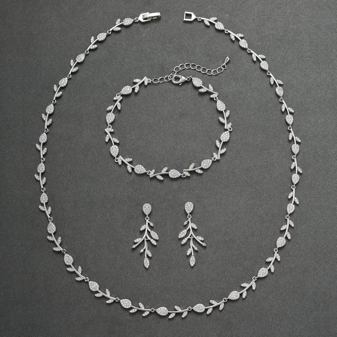 SWEETV Cubic Zirconia Wedding Jewelry Sets for Bride Bridesmaids, Crystal Leaf Vine Bridal Earrings and Necklace Set for Women Jewelry Gifts