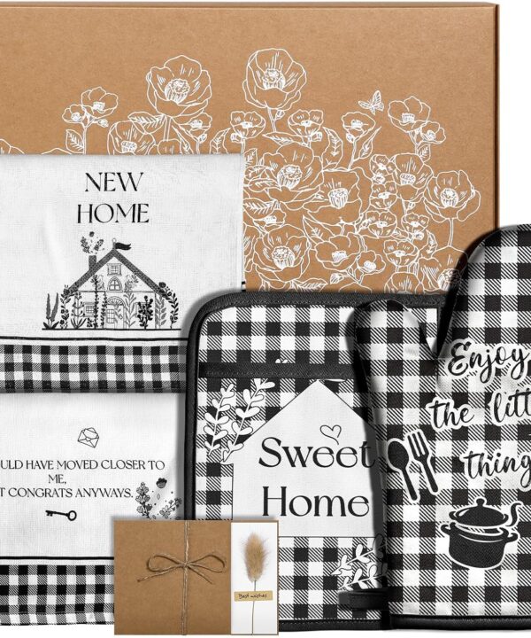 Coralogo House Warming Gifts New Home - Cotton Kitchen Essentials for New Home with Kitchen Towels, Oven Mitt and Pot Holders Set, Greeting Card, Housewarming Gifts, Set of 5