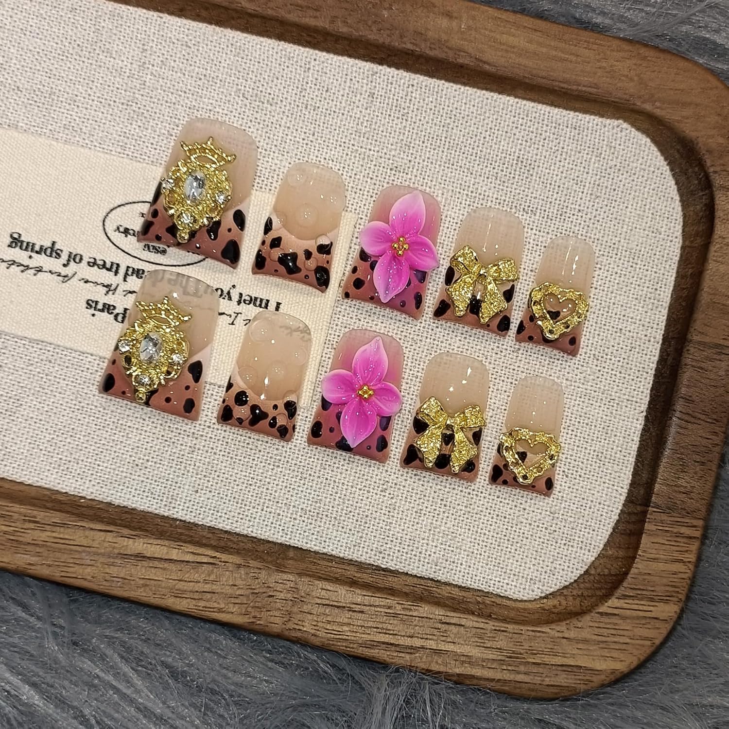 TENPAL Duckbill Nails,Brown Leopard French Tips Press on Nails with Kit,Soft Gel Fake Nails with 3D Charms Hearts Bows Flowers,Metallic Edgy Punk Y2K False Nail with Rhinestone for Winter Fall(S)
