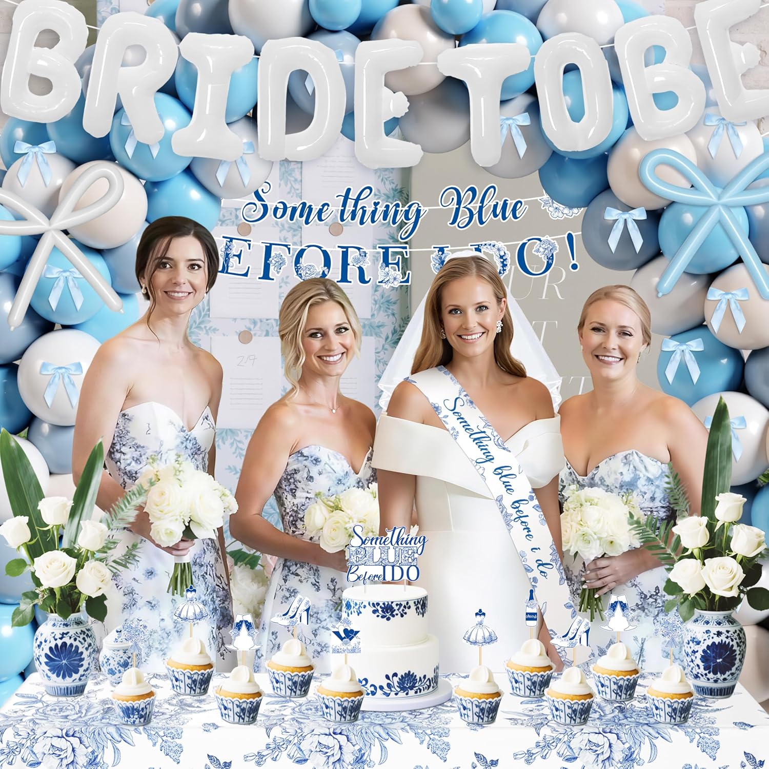 Something Blue Before I Do Bridal Shower Decorations,127 PCS Blue Bachelorette Party Decorations with Coquette Bow Balloon Arch Kit Floral Backdrop Tablecloth Banner Garland Cake Topper Veil