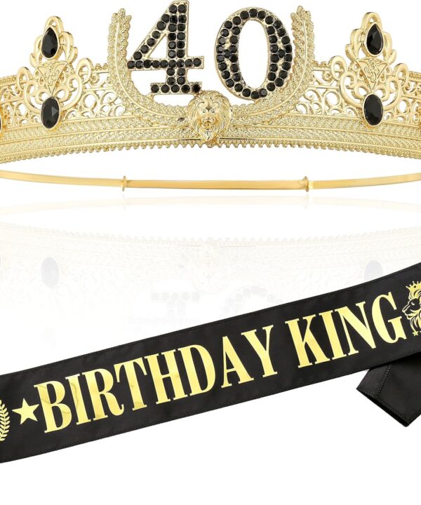 40th Birthday Crown and Sash, Party Decoration for Men (Gold)
