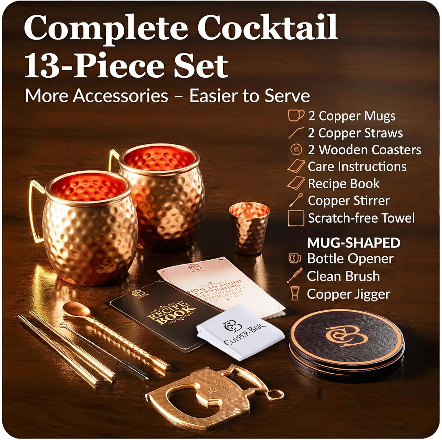 COPPER-BAR Moscow Mule Copper Mugs – Unique HANDCRAFTED Gift Set of 2, Hammered by Artisan, 100% Pure Solid Copper Cups 16oz for Drinking Water & Cocktails, Include 13 Pcs accessories & Special Opener