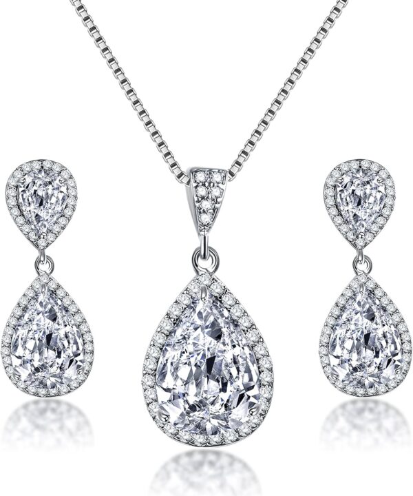 AMYJANE Elegant Jewelry Set for Women - Silver Teardrop Clear Cubic Zirconia Crystal Rhinestone Drop Earrings and Necklace Bridal Jewelry Sets Best Gift for Bridesmaids