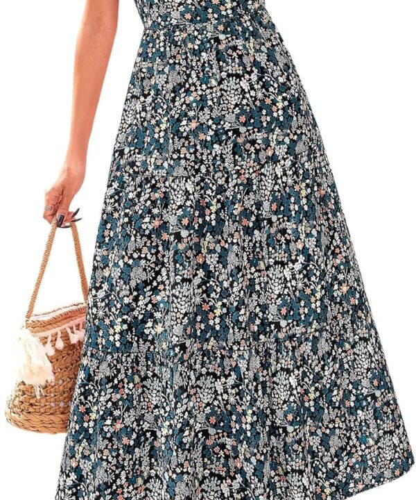 PRETTYGARDEN Women's 2026 Summer Floral Midi Dress Cap Sleeve V Neck Ruffle Long Flowy Boho Casual Beach Vacation Dresses