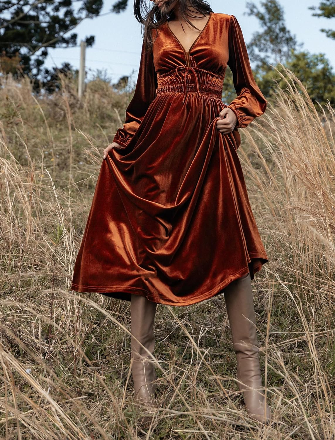 ZAFUL Womens Long Sleeve Velvet Dress 2025 Fall V Neck Holiday Cocktail Party Semi Formal Midi Dresses for Wedding Guest