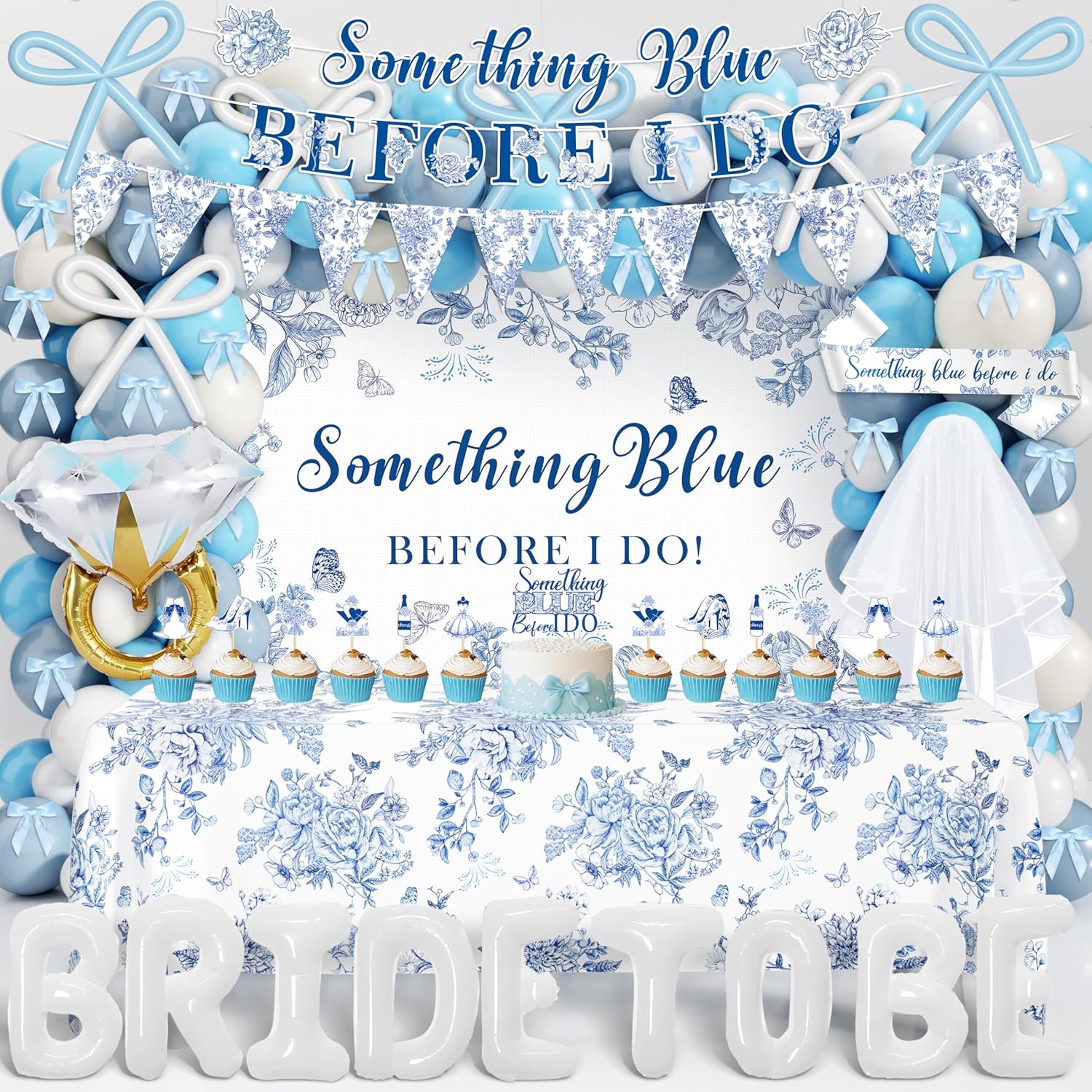 Something Blue Before I Do Bridal Shower Decorations,127 PCS Blue Bachelorette Party Decorations with Coquette Bow Balloon Arch Kit Floral Backdrop Tablecloth Banner Garland Cake Topper Veil