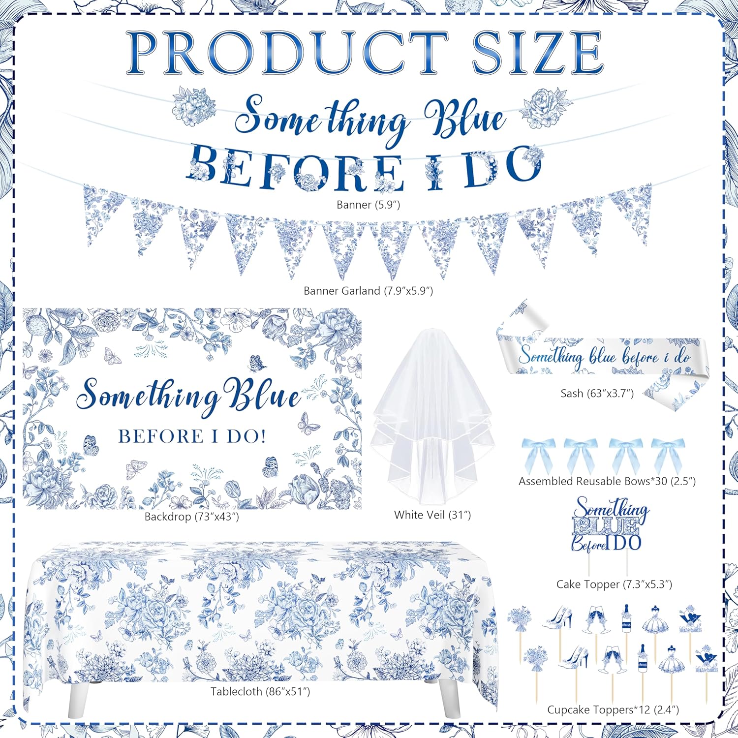 Something Blue Before I Do Bridal Shower Decorations,127 PCS Blue Bachelorette Party Decorations with Coquette Bow Balloon Arch Kit Floral Backdrop Tablecloth Banner Garland Cake Topper Veil