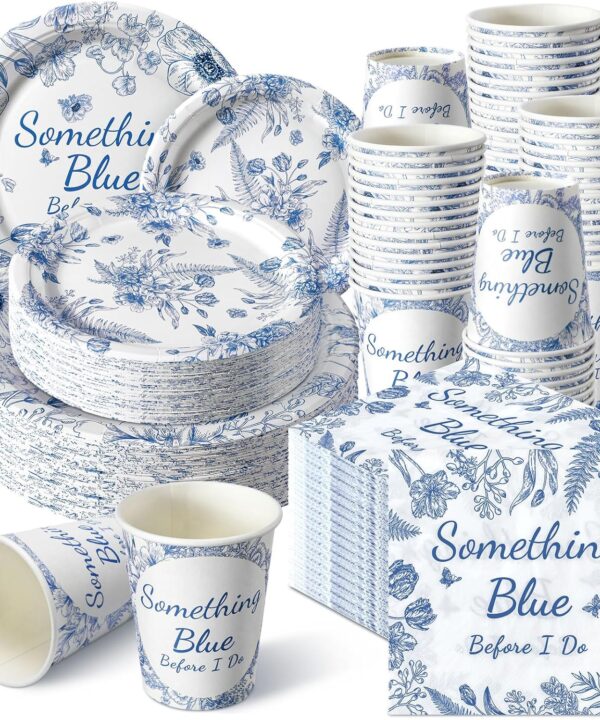 Zhehao 250 Pcs Something Blue Bridal Shower Plates Napkins Sets 50 Pcs 9'' Dinner Plates and 7'' Dessert Plate and 9oz Cups 100 Napkins Serves 50 Party Supplies Bridal Shower Engagement Decoration
