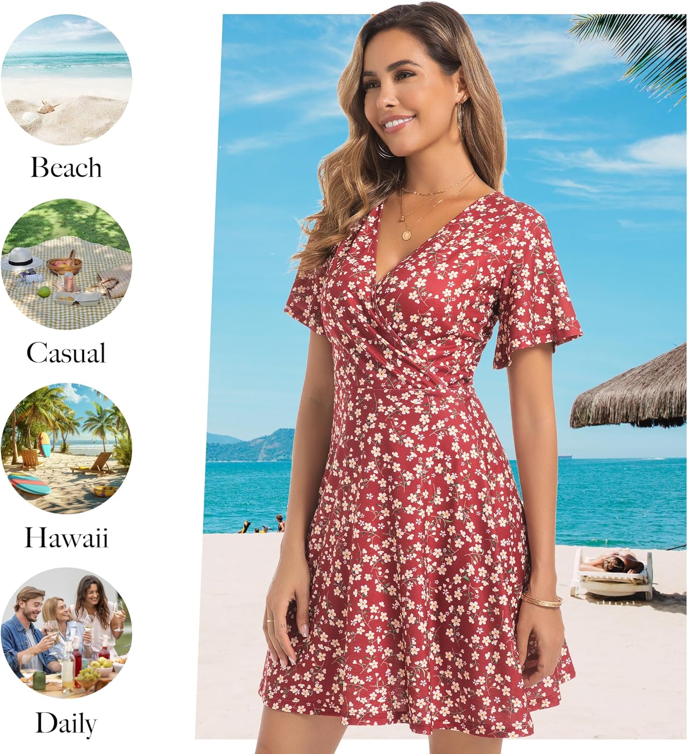 ChongBaiJia 3 Piece Womens Sundresses Summer Floral Short Sleeve Wrap V Neck A-Line Midi Casual Vacation Dresses 2025