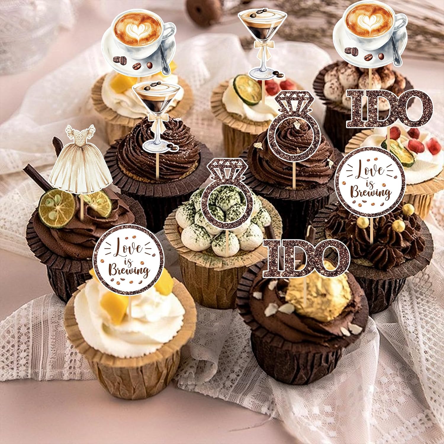 Love Is Brewing Cake Topper – 36 Pcs Bridal Shower Cupcake Topper Decorations With Romantic Elements Diamond Ring Dresss for Love Is Brewing Bridal Wedding Engagement Party Decoration Supplies