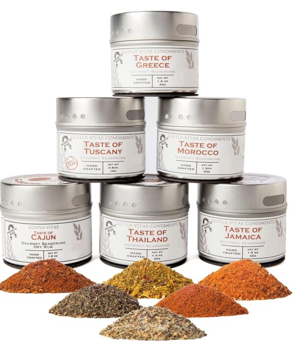 Gourmet World Flavors Seasoning Collection | Non GMO Verified | 6 Magnetic Tins | Spice Blends | Crafted in Small Batches by Gustus Vitae | #68