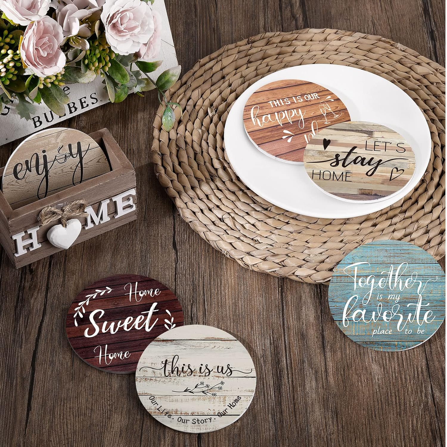 Queekay Coasters Set of 6 House Warming Gifts New Home Wooden Farmhouse Drink Coasters with Holder 4 Funny Decoration for Kitchen Family Coffee Bar Tabletop Protection(Farmhouse Color)