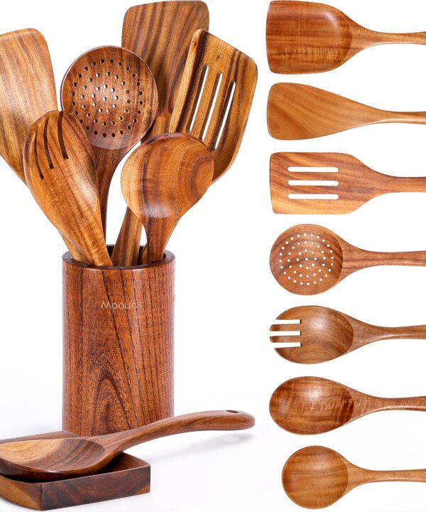9 Piece Natural Teak Wooden Kitchen Utensil Set with Spoon Rest - Comfort Grip Cooking Spoons and Utensils Holder