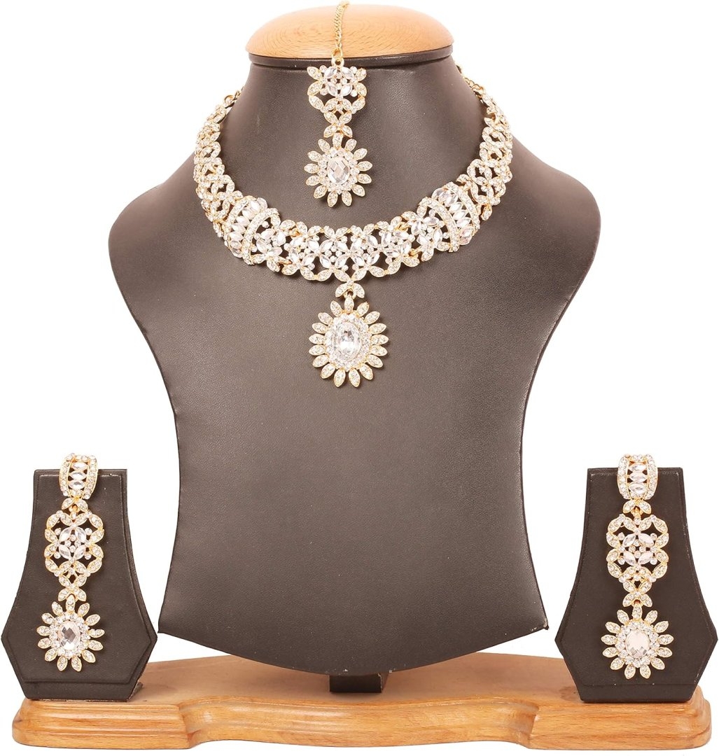 Touchstone Indian jewelry sets for women wedding gold kundan necklace traditional earrings tikka bollywood party style white crystal rhinestone guest gift bridal costume prom dainty accessories