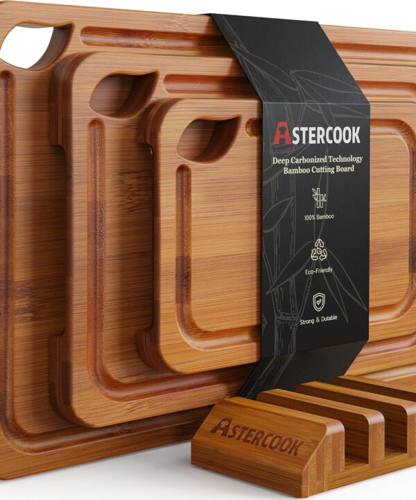Astercook Deep-Carbonized Bamboo Cutting Boards for Kitchen with Wood Storage Stand, Reversible Charcuterie & Chopping Boards with Juice Grooves and Easy-Grip Handles, Knife-Friendly, Kitchen Gift