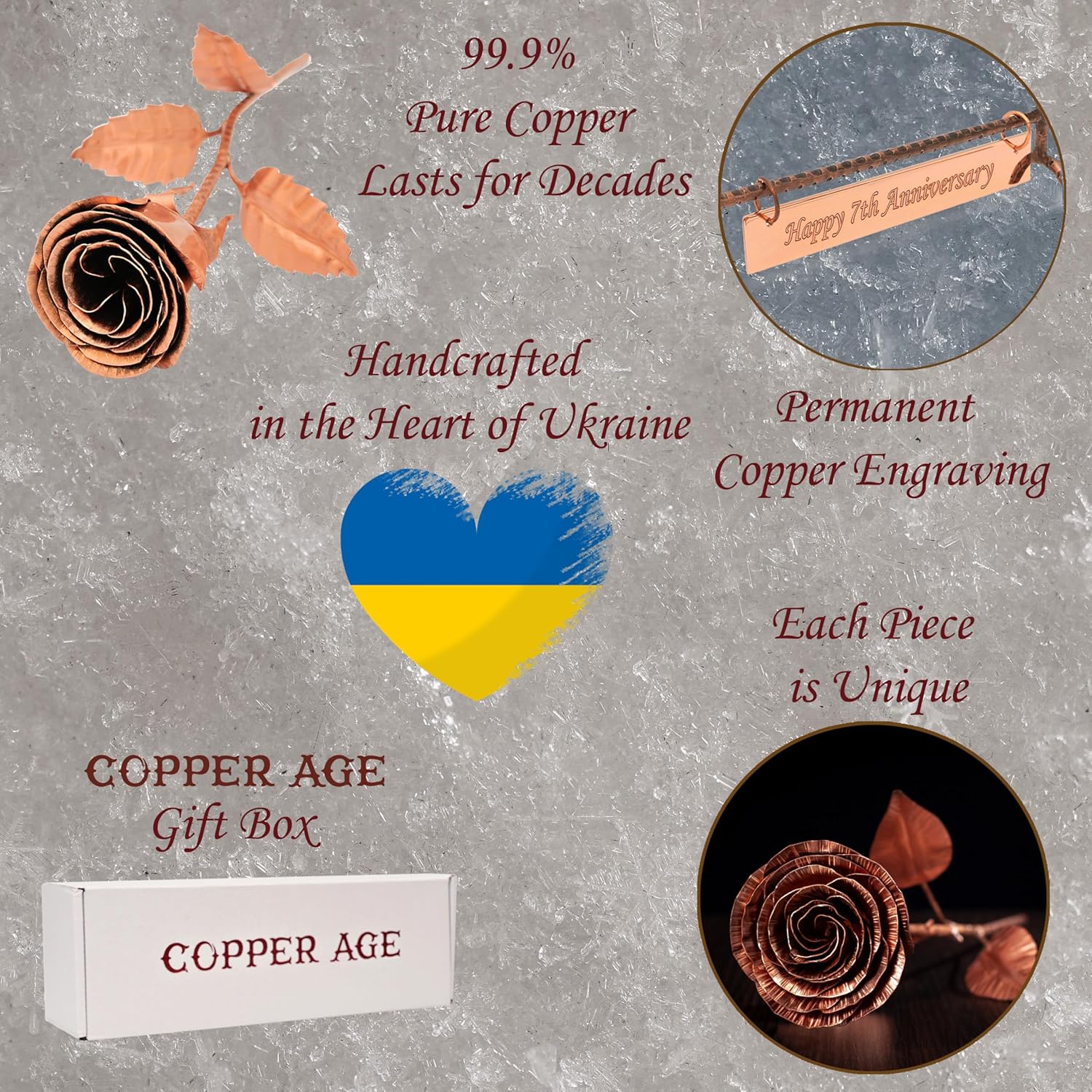 Copper Rose with Stand & Engraved Plate Happy 7th Anniversary – 7th Wedding Anniversary Decor for Wife, Him or Her – Traditional Copper Gift Keepsake
