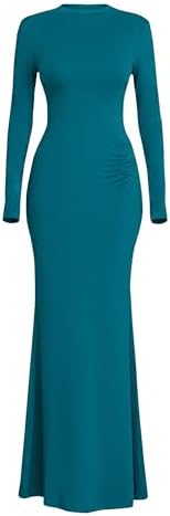PRETTYGARDEN Fall Dresses for Women 2026 Long Sleeve Bodycon Mock Neck Ruched Maxi Formal Cocktail Wedding Guest Dress