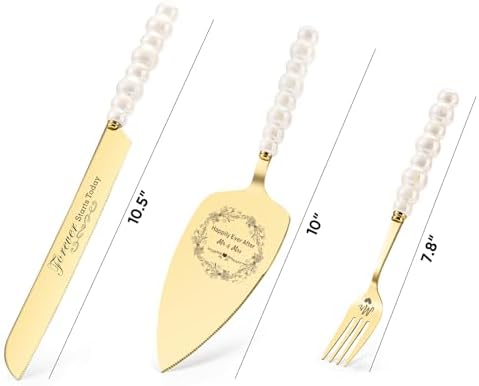 Wedding Cake Knife and Server Set, Gold Ceramic Pearl Handle Cake Cutting Set for Weddings, Engagements, Anniversaries, and Engagement Gifts for Couples
