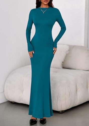 PRETTYGARDEN Fall Dresses for Women 2026 Long Sleeve Bodycon Mock Neck Ruched Maxi Formal Cocktail Wedding Guest Dress