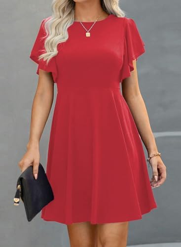 Happy Sailed Cocktail Dresses for Women Spring Summer Ruffle Sleeve Crewneck High Waist Flowy A Line Mini Dress