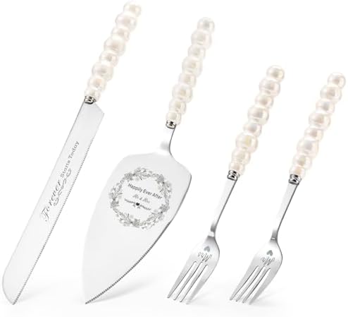 Wedding Cake Knife and Server Set, Ceramic Pearl Handle Cake Cutting Set for Weddings, Engagements, Anniversaries, and Engagement Gifts for Couples