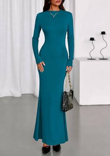 PRETTYGARDEN Fall Dresses for Women 2026 Long Sleeve Bodycon Mock Neck Ruched Maxi Formal Cocktail Wedding Guest Dress
