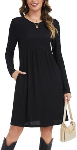 Kormei Long Sleeve Dress for Women Crew Neck Empire Waist Tunic Dress with Pockets
