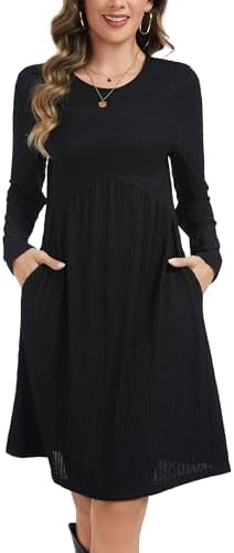 Kormei Long Sleeve Dress for Women Crew Neck Empire Waist Tunic Dress with Pockets
