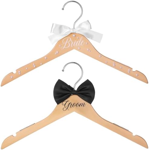2 Pcs Bride and Groom Wooden Hangers with Bow Tie Wedding Hangers for Tuxedo Favors Wedding Gift Bridal Party Shower(Fresh)