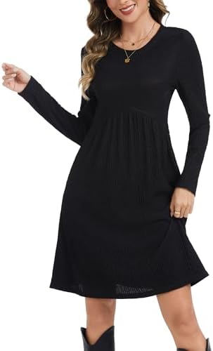 Kormei Long Sleeve Dress for Women Crew Neck Empire Waist Tunic Dress with Pockets