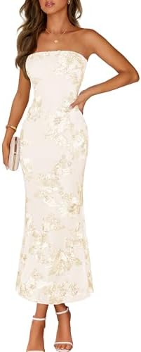 MEROKEETY Womens Floral Strapless Maxi Dress 2026 Summer Mesh Tube Bodycon Formal Wedding Guest Cocktail Party Long Dresses