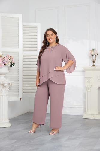 Hanna Nikole Mother of Bride Pant Suits Plus Size Half Sleeve 2 Piece Chiffon Pantsuit Formal Wedding Guest Outfit