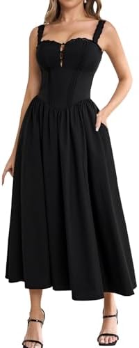 KUTUMAI Women Summer Lace Square Neck Midi Dress Corset Smocked Flowy A Line Beach Wedding Guest Dresses with Pockets